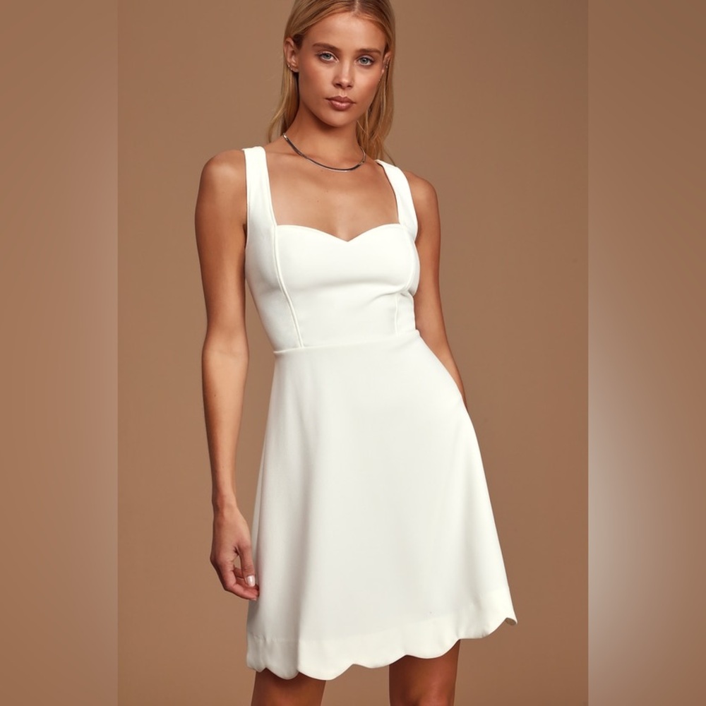 Lulus Happy Hearts White Scalloped Sleeveless Skater Dress